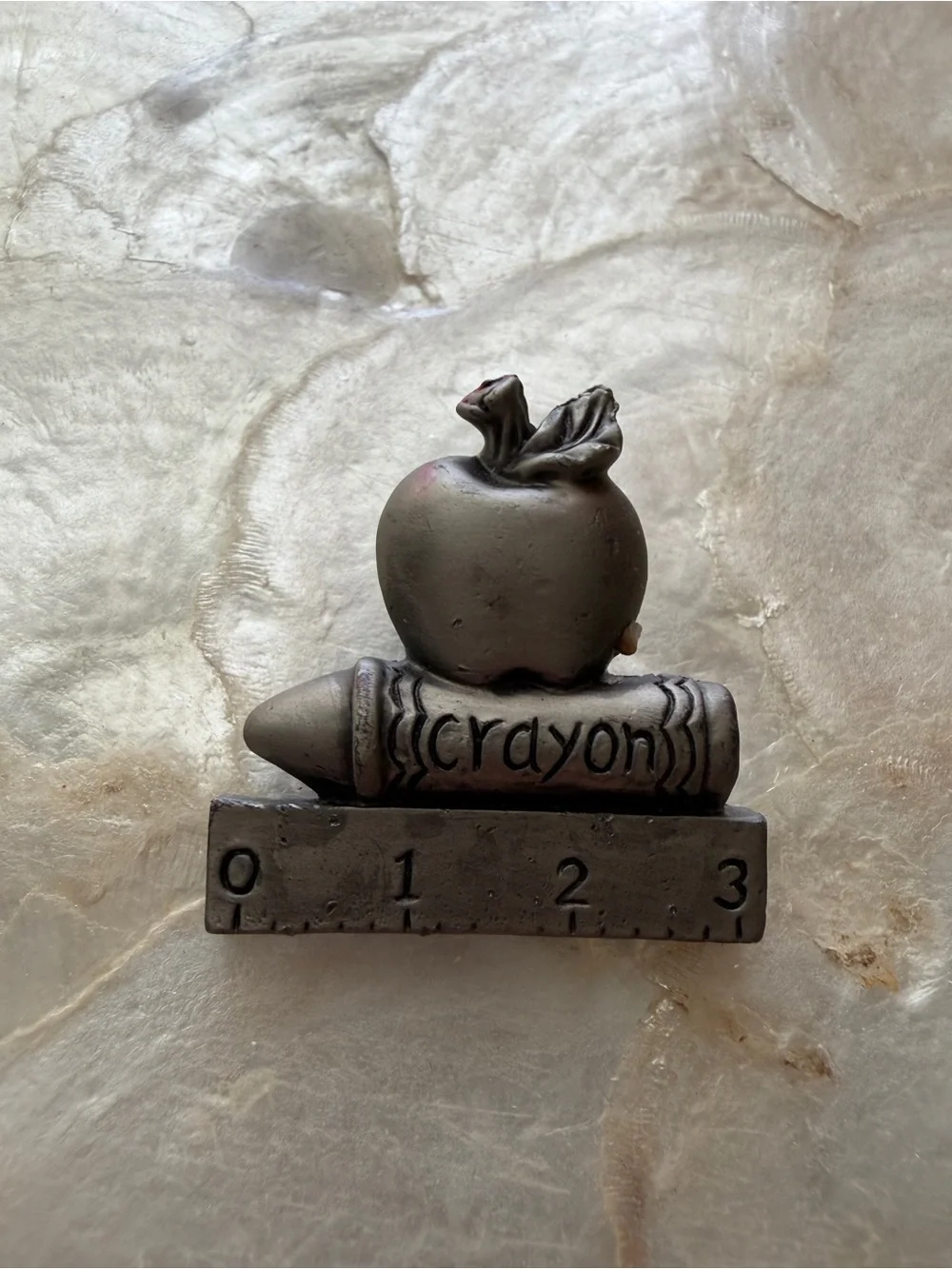Vintage Teacher Brooch Pin Apple Crayon Ruler Pewter Tone School Educator 3”